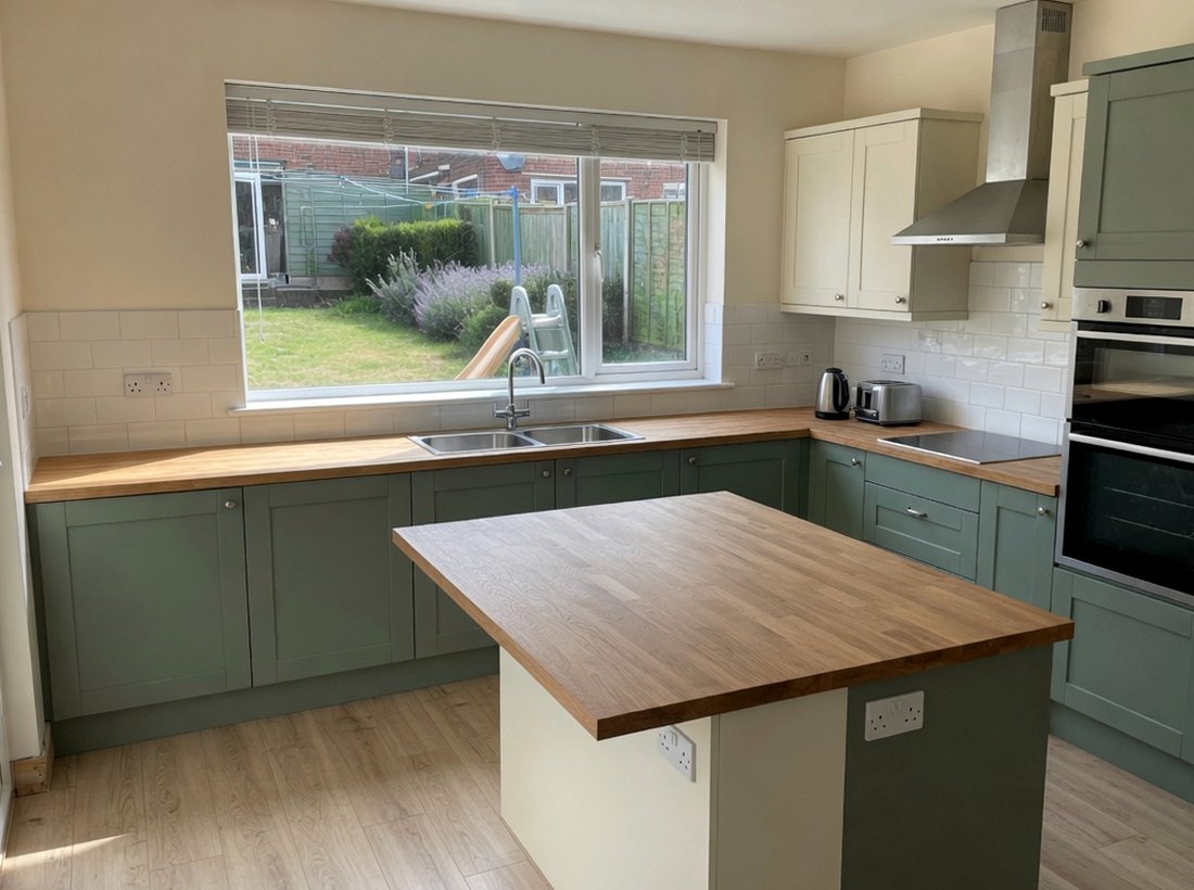 Sage shaker kitchen with oak island and worktops