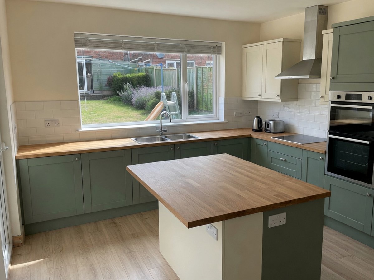 Sage and cream shaker kitchen with oak worktops and island