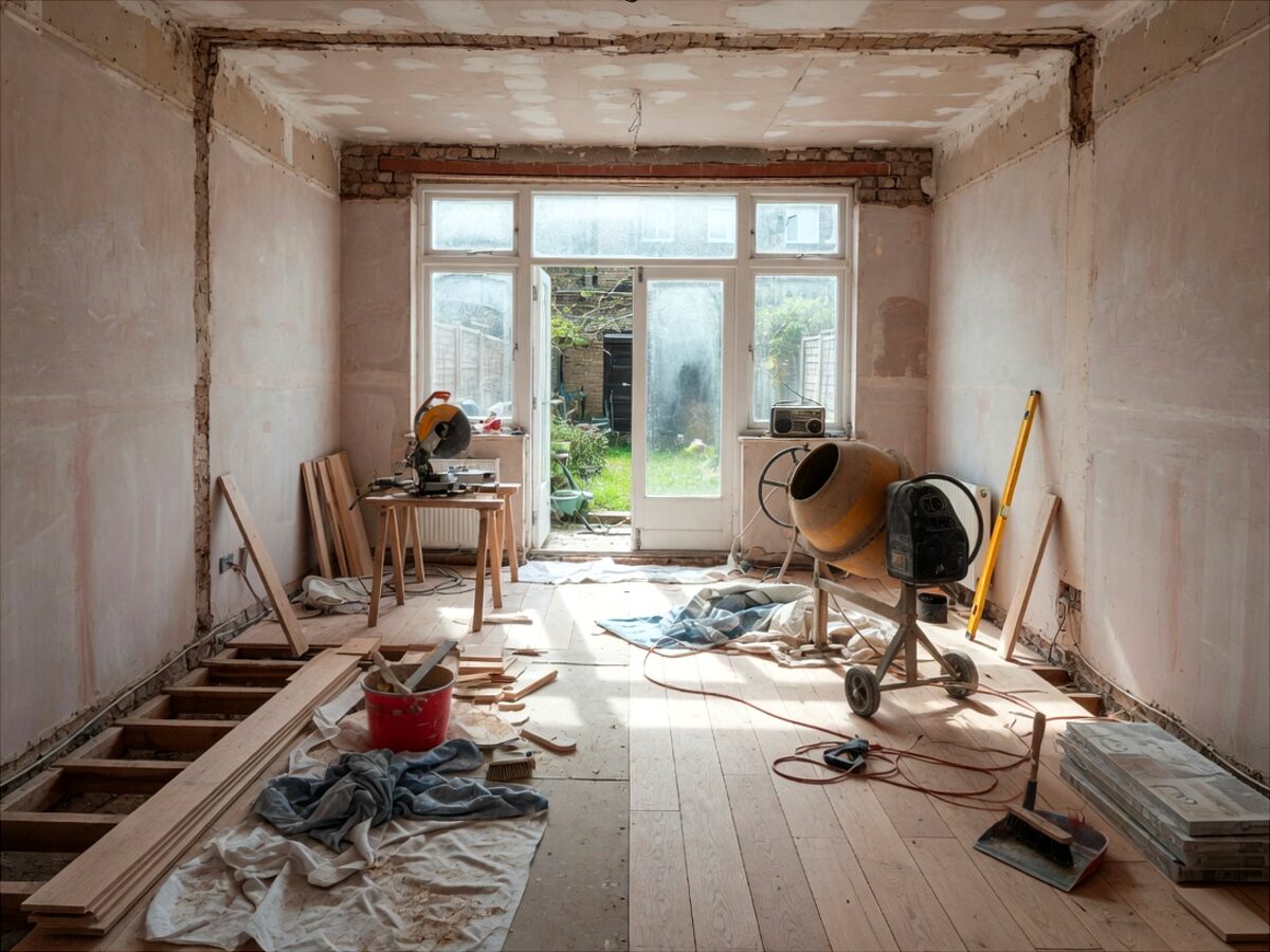 Ground-floor renovation in progress with plastered walls, floorboards and a cement mixer