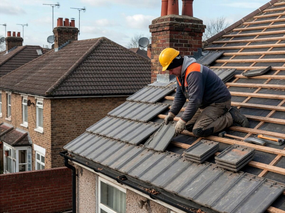 Roofer laying grey interlocking concrete tiles on a pitched British house