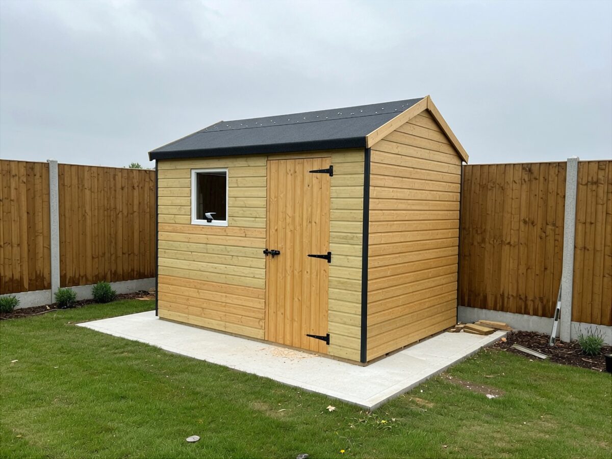 Newly built timber garden shed with felt roof on a concrete base in a fenced garden